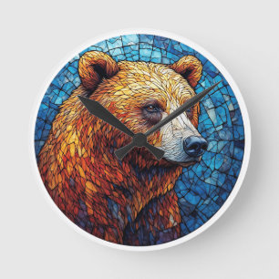 Colorful Bear Portrait in a Stained Glass Art Round Clock