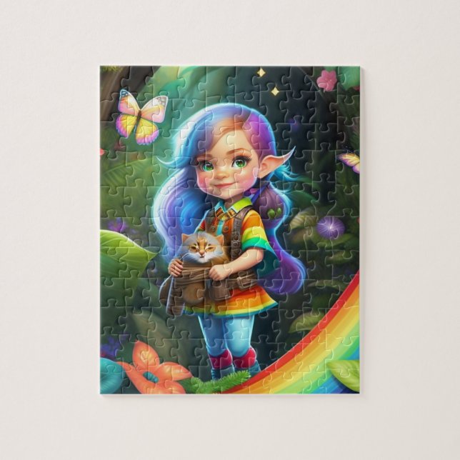 Colorful Beautiful Little Cute Elf Girl With Cat Jigsaw Puzzle (Vertical)