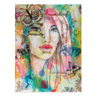 Colorful Beautiful Woman Butterflies Whimsical Art Postcard