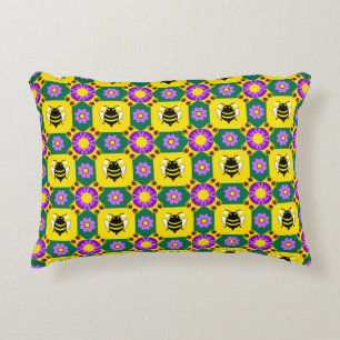 🐝 Colorful Bee Flower Cottage Garden Accent Decor Pillow