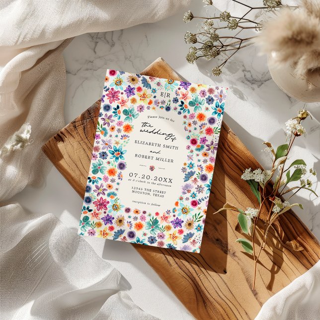 Colorful Beige Boho Chic Wildflower Garden Wedding Invitation (Front)