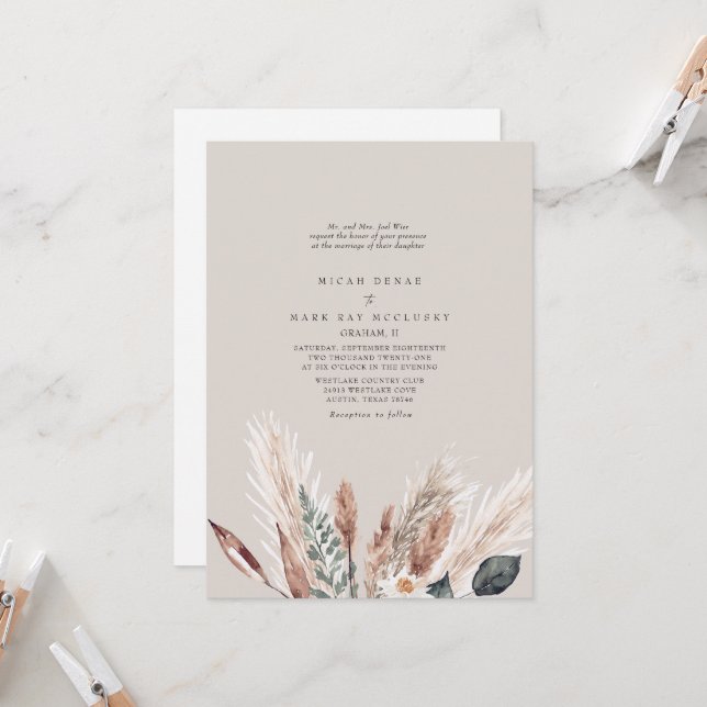Colorful Beige Pampas Wedding Invitation (Front/Back In Situ)