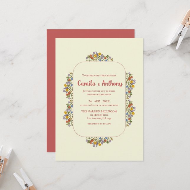 Colorful Beige Wildflower Border Wedding Invitation (Front/Back In Situ)