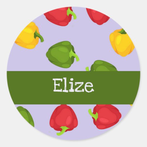Colorful bell peppers on purple classic round sticker