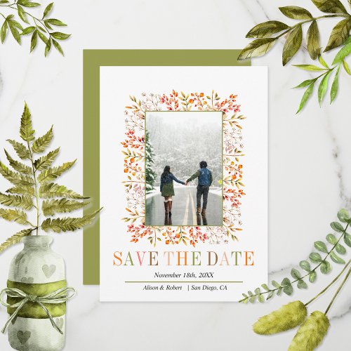 Colorful berries and leaves border fall wedding save the date