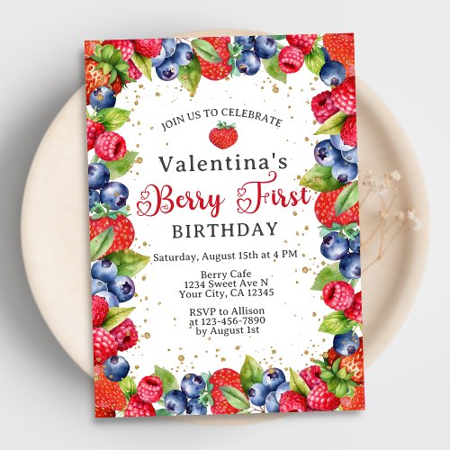 Colorful Berries Girls Berry First 1st Birthday Invitation