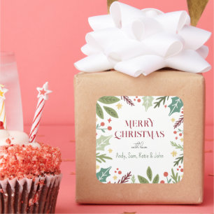 Colorful Berry Foliage Merry Christmas Family Gift Square Sticker