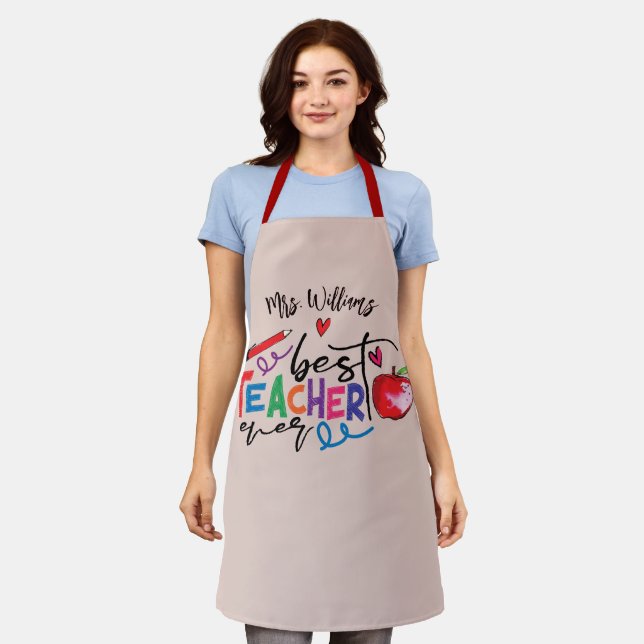 Colorful Best Teacher Ever Typography  Apron (Worn)