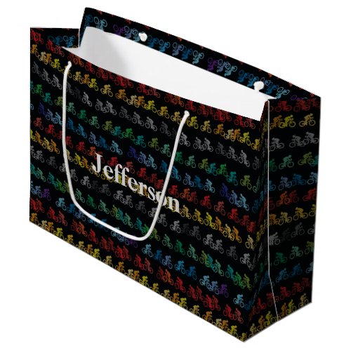 Colorful Bicycle Pattern on Black Large Gift Bag