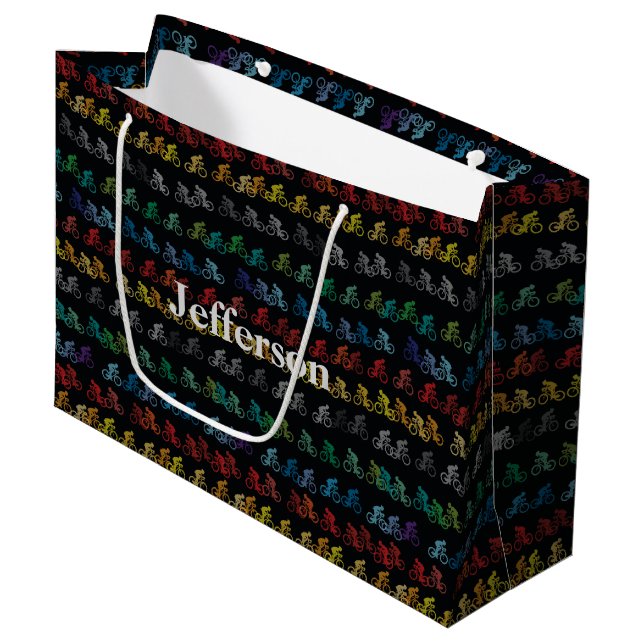Colorful Bicycle Pattern on Black Large Gift Bag (Front Angled)