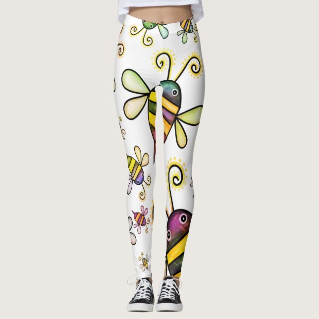 Colorful Big Bees on White All-Over-Print Leggings (Front)