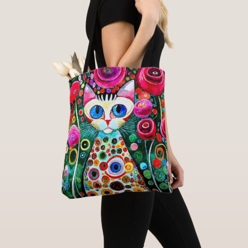 COLORFUL BIG BLUE EYES CAT IN ABSTRACT ART  TOTE BAG