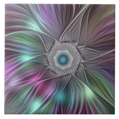 Colorful Big Flower Abstract Trippy Fractal Art Ceramic Tile