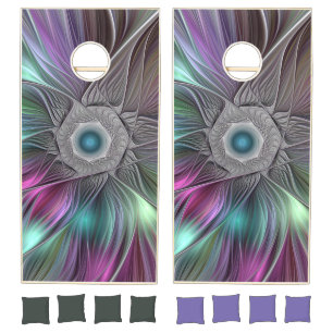 Colorful Big Flower Abstract Trippy Fractal Art Cornhole Set