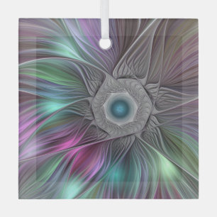 Colorful Big Flower Abstract Trippy Fractal Art Glass Ornament