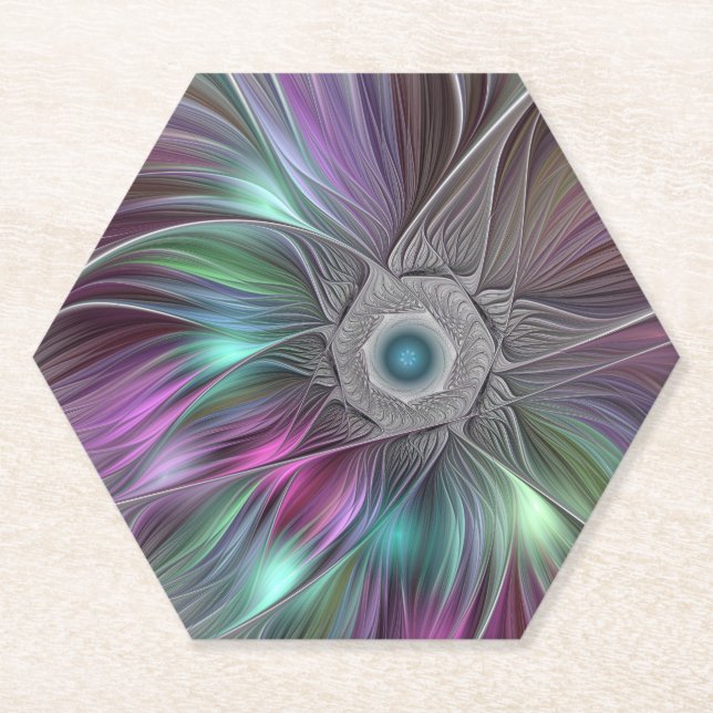 Colorful Big Flower Abstract Trippy Fractal Art Paper Coaster (Front)