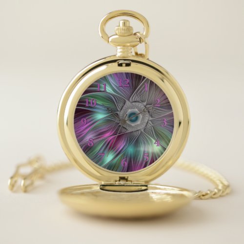 Colorful Big Flower Abstract Trippy Fractal Art Pocket Watch