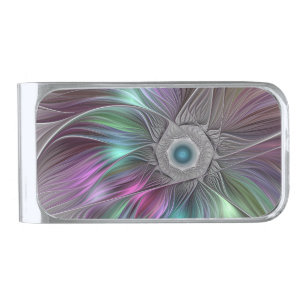 Colorful Big Flower Abstract Trippy Fractal Art Silver Finish Money Clip
