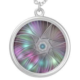 Colorful Big Flower Abstract Trippy Fractal Art Silver Plated Necklace