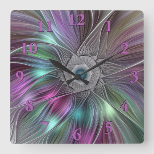 Colorful Big Flower Abstract Trippy Fractal Art Square Wall Clock