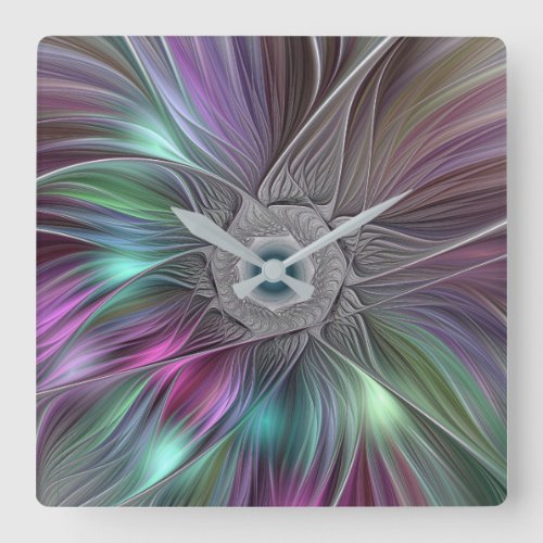 Colorful Big Flower Abstract Trippy Fractal Art Square Wall Clock