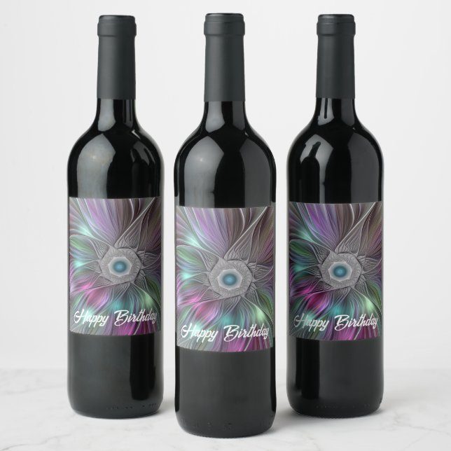 Colorful Big Flower Abstract Trippy Fractal Art Wine Label (Bottles)