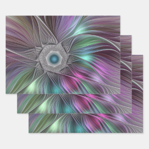 Colorful Big Flower Abstract Trippy Fractal Art Wrapping Paper Sheets