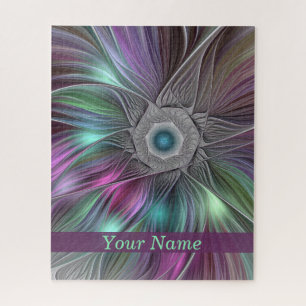 Colorful Big Flower Abstract Trippy Fractal Name Jigsaw Puzzle