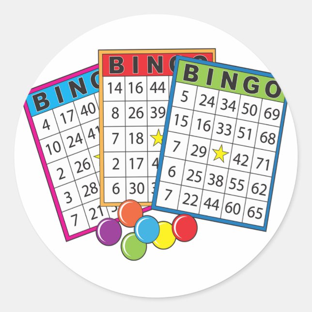 Colorful Bingo Game Cards with Chips Classic Round Sticker (Front)