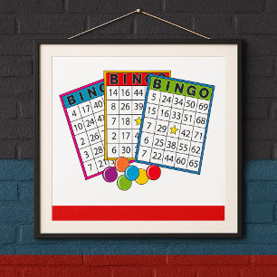 Colorful Bingo Game Cards with Chips Poster
