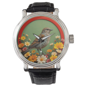 Colorful Bird Amid Blooming Flowers in Decorative Watch