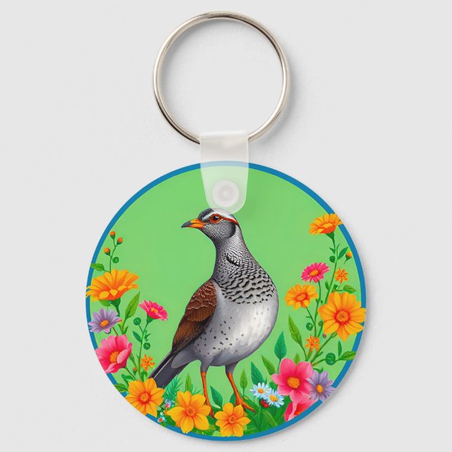 Colorful Bird Amid Blooming Flowers Keychain (Front)