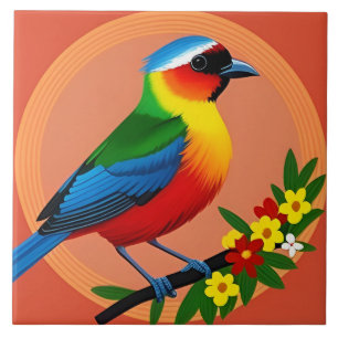 Colorful Bird Among Vibrant Flowers Ceramic Tile