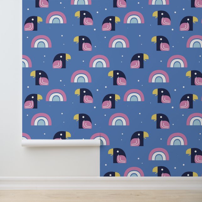 Colorful Bird and Rainbow Pattern Blue Wallpaper (Application)