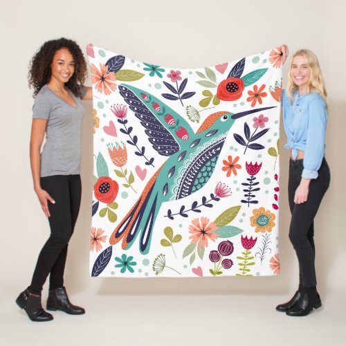 Colorful Bird and Scandinavian Folk Art Flowers  Fleece Blanket