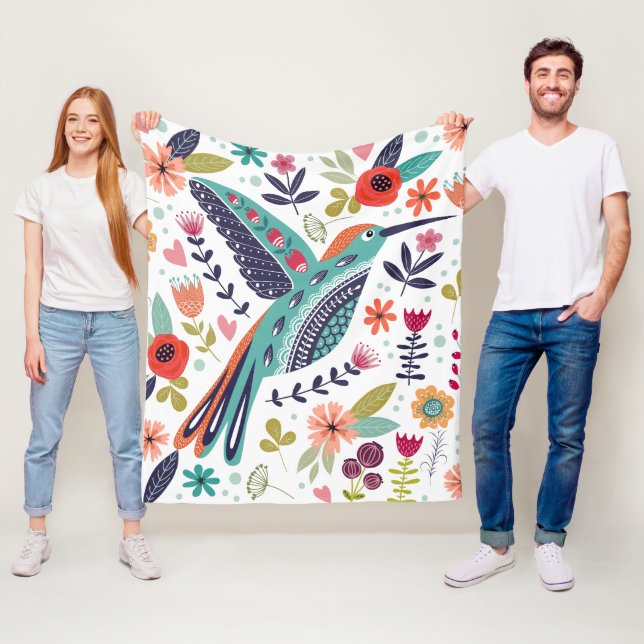 Colorful Bird and Scandinavian Folk Art Flowers  Fleece Blanket (In Situ)