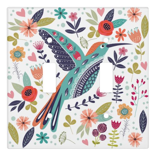 Colorful Bird and Scandinavian Folk Art Flowers  Light Switch Cover