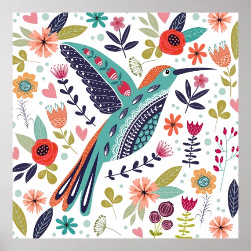 Colorful Bird and Scandinavian Folk Art Flowers Poster