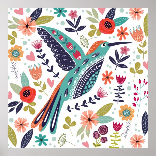 Colorful Bird and Scandinavian Folk Art Flowers Poster (Front)