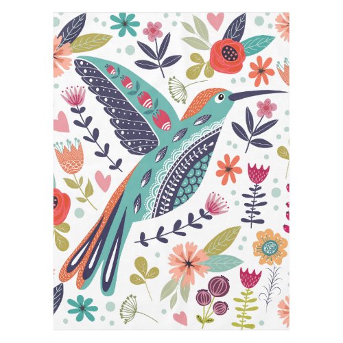 Colorful Bird and Scandinavian Folk Art Flowers Tablecloth