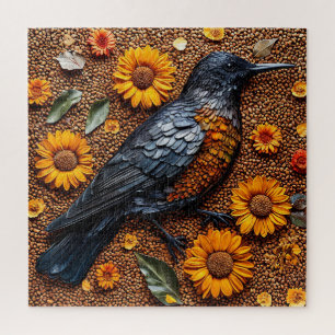 Colorful Bird Arranged with Sunflowers Jigsaw Puzzle