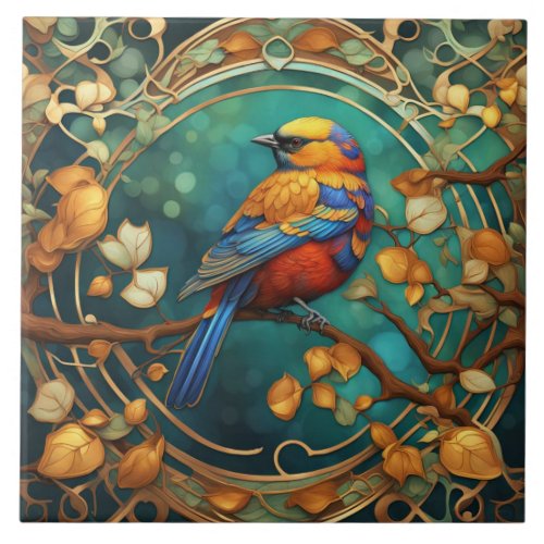 Colorful Bird Art Nouveau Art Deco Multicolored Ceramic Tile