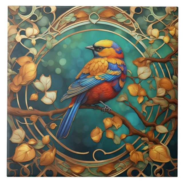 Colorful Bird Art Nouveau Art Deco Multicolored Ceramic Tile (Front)