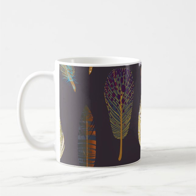 Colorful Bird Feathers Watercolor Pattern Coffee Mug (Left)