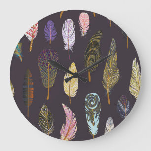 Colorful Bird Feathers Watercolor Pattern Large Clock