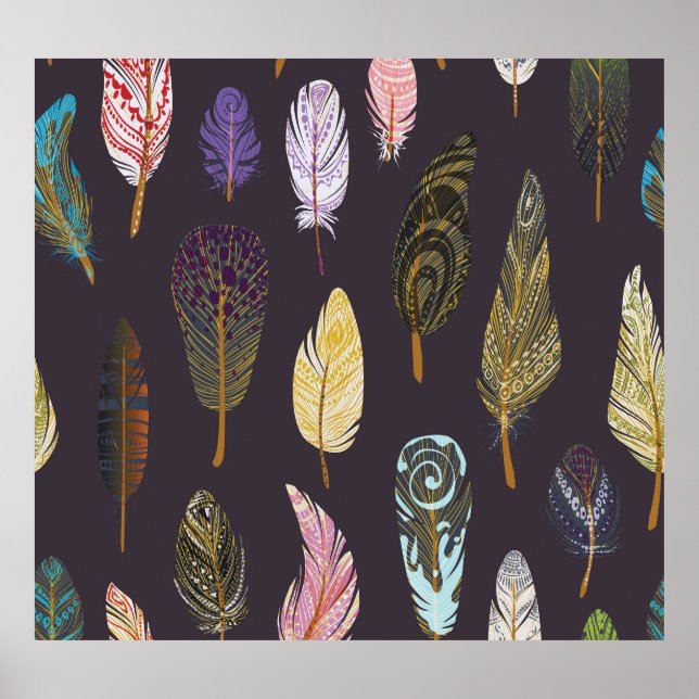 Colorful Bird Feathers Watercolor Pattern Poster (Front)