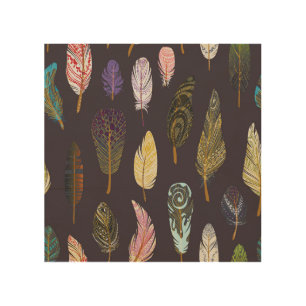 Colorful Bird Feathers Watercolor Pattern Wood Wall Art