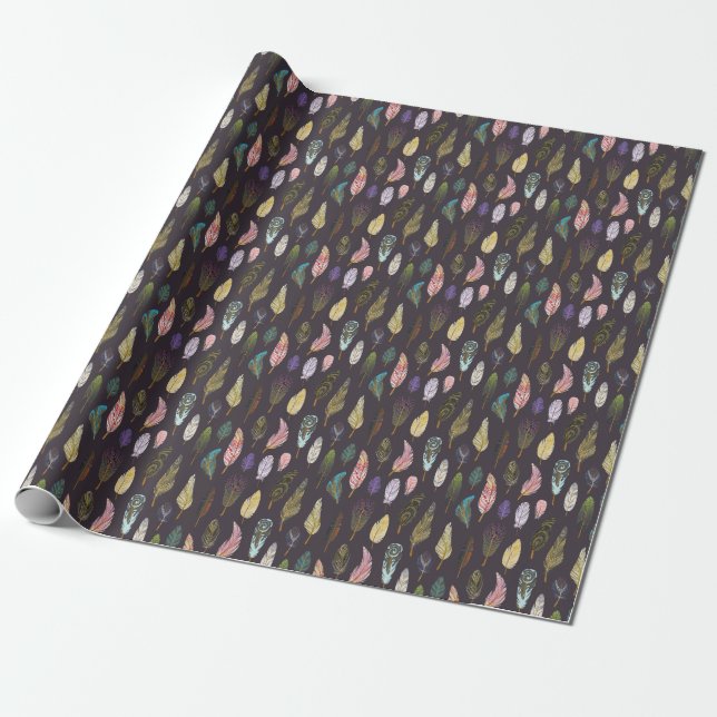 Colorful Bird Feathers Watercolor Pattern Wrapping Paper (Unrolled)
