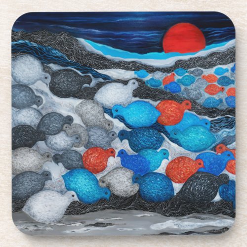 Colorful Bird Flock Red Moon Art Beverage Coaster