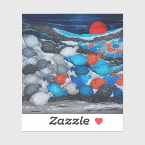 Colorful Bird Flock Red Moon Art Sticker
